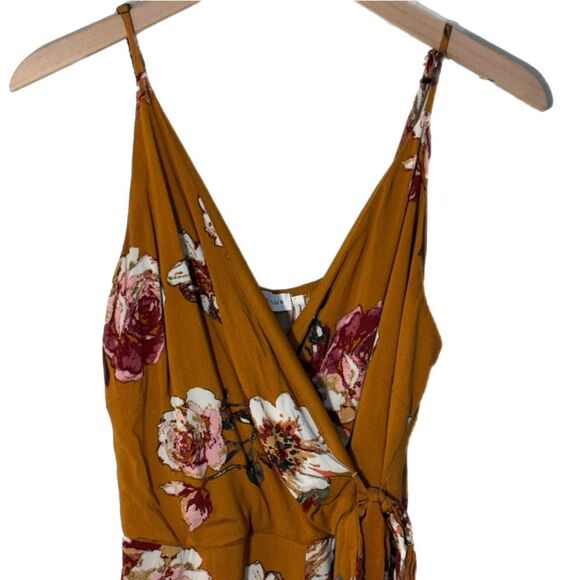 Lone Lux Bohemian Jumpsuit Carmel Tan Pink Floral Spaghetti Strap Faux Wrap Crop - Picture 2 of 10